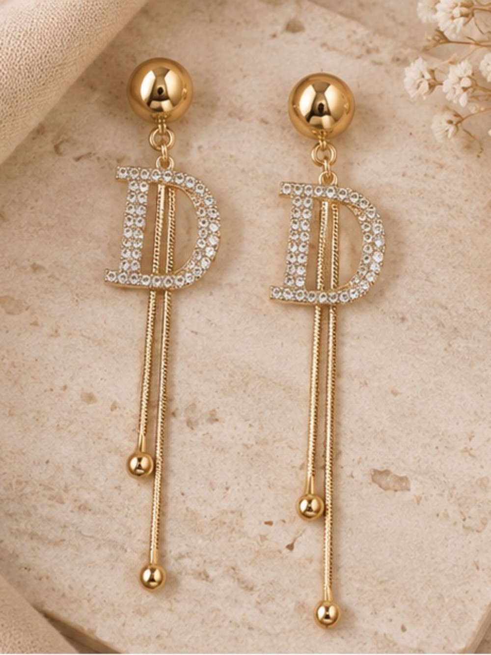 Luxe Gold D Initial Drop Earrings with Clear Crystals